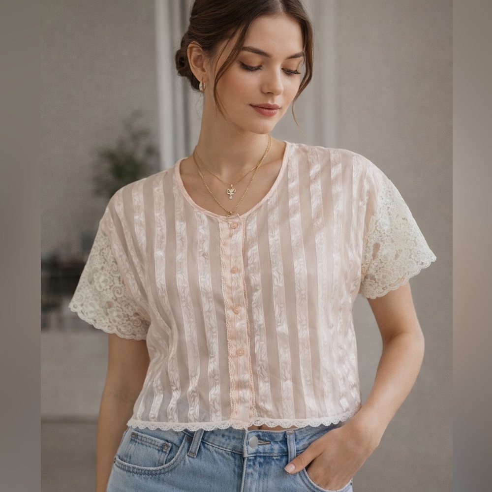 Coquette VTG Cropped Blush Pink Blouse with Metallic Thread Vintage Feminine